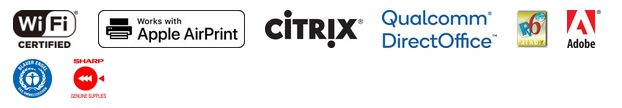 Logá softvérových a certifikačných služieb: Adobe, Apple AirPrint, Citrix, Qualcomm DirectOffice, Wi‑Fi Certified.